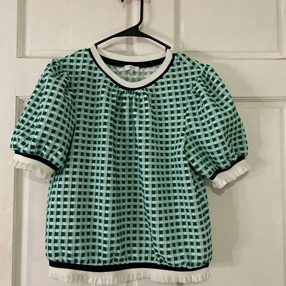Voy Green Checked Puff Sleeve Blouse - Picture 2 of 8